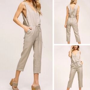 LISTICLE Linen Cropped Ankle Jumpsuit V‎ Back Tie Waist Taupe Womens Size M